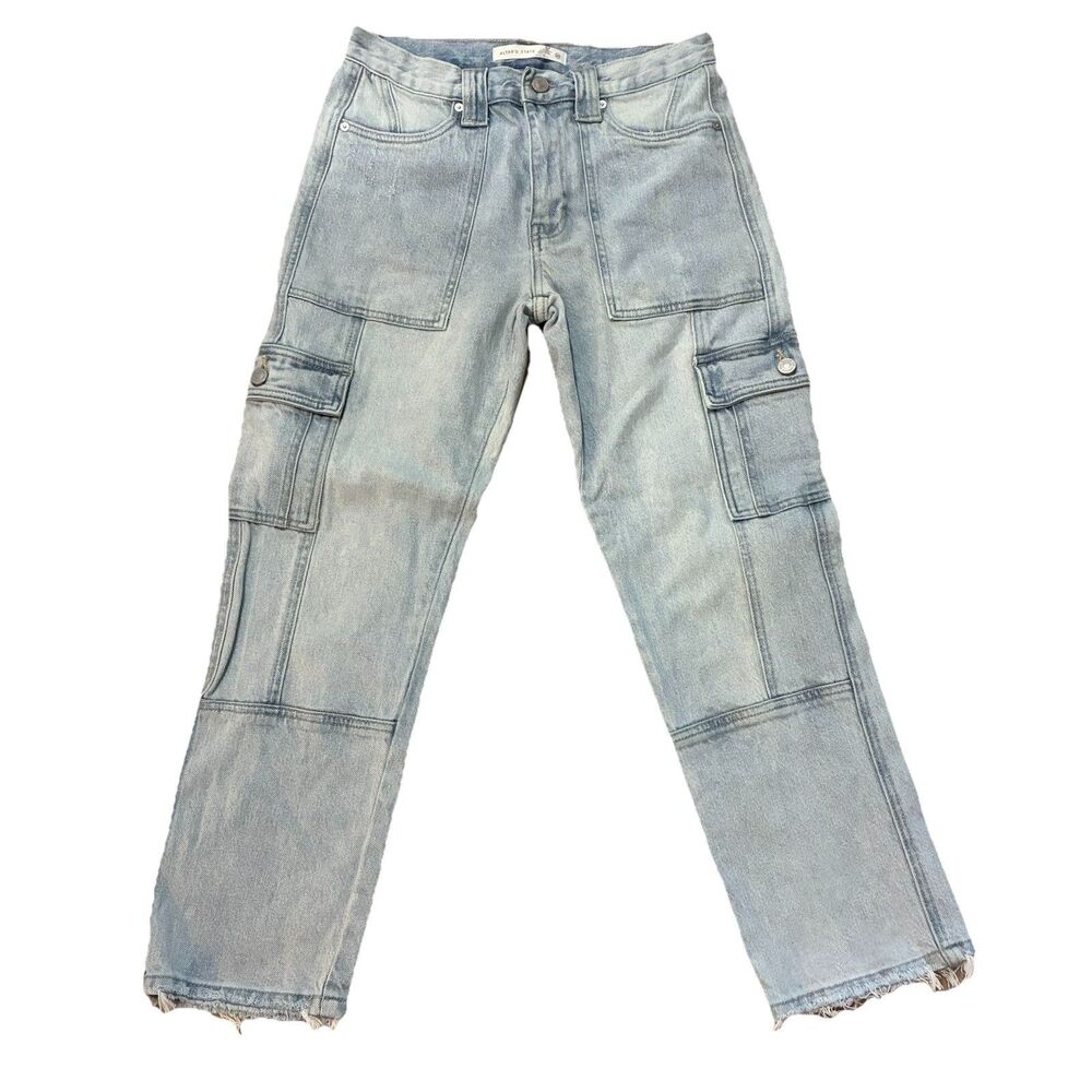 Altar’d State Women’s Cargo Denim Jeans Size 25 Straight Leg Mid Rise Frayed Hem
